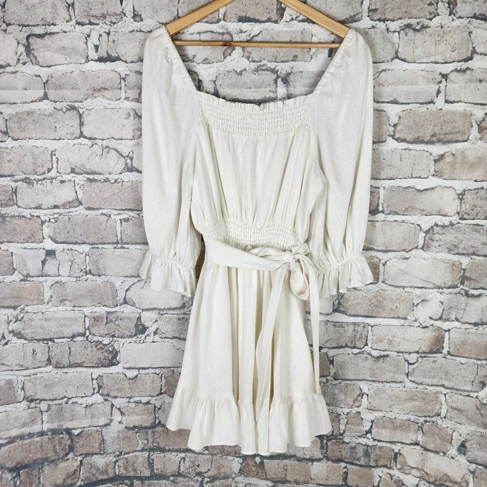 Ever New Puff Sleeve Ruffle Mini Dress Smocked Neckline Porcelain Ivory Size 6 - Picture 6 of 15